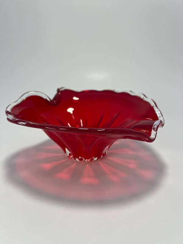 Vintage Red Glass Ashtray/Bowl  Flower Design