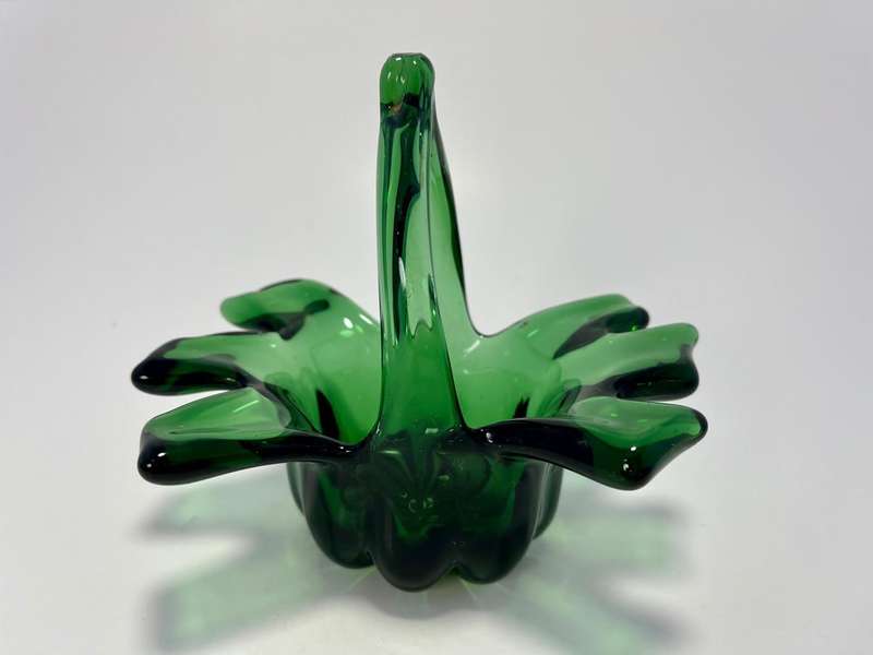 Vintage Green Glass Basket  Mid-Century Trinket Dish