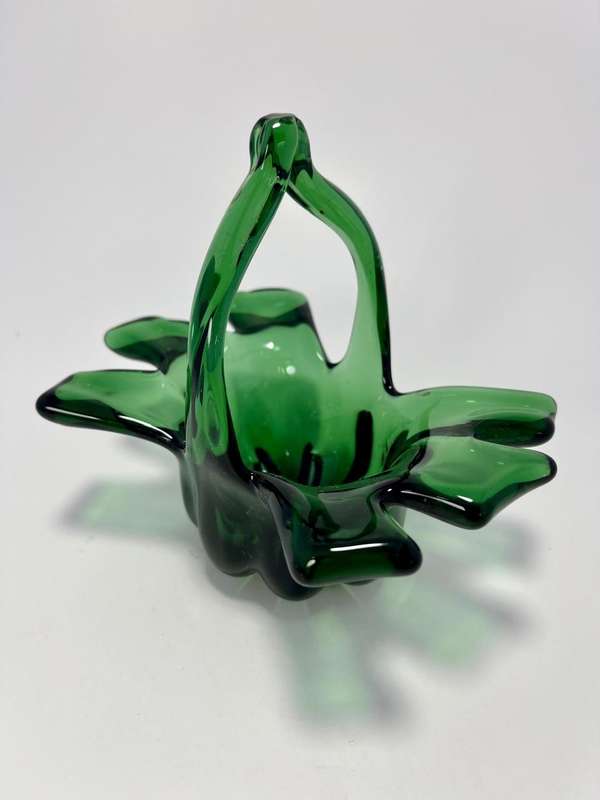 Vintage Green Glass Basket  Mid-Century Trinket Dish