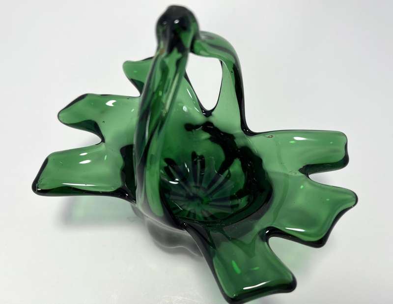 Vintage Green Glass Basket  Mid-Century Trinket Dish