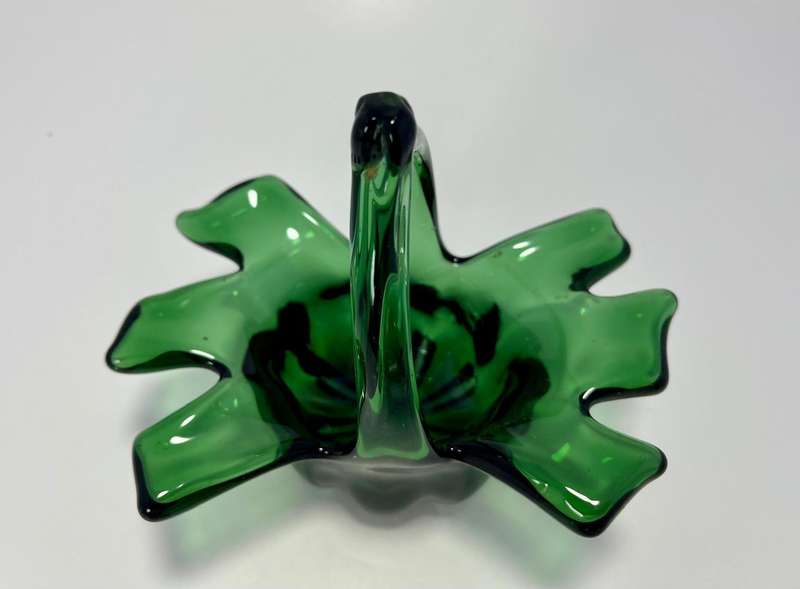 Vintage Green Glass Basket  Mid-Century Trinket Dish