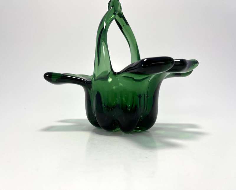 Vintage Green Glass Basket  Mid-Century Trinket Dish