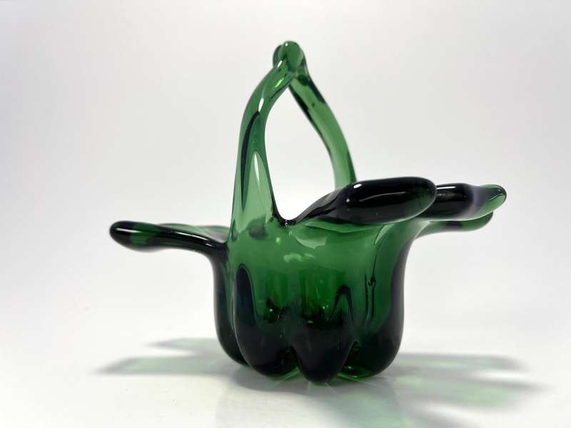 Vintage Green Glass Basket  Mid-Century Trinket Dish