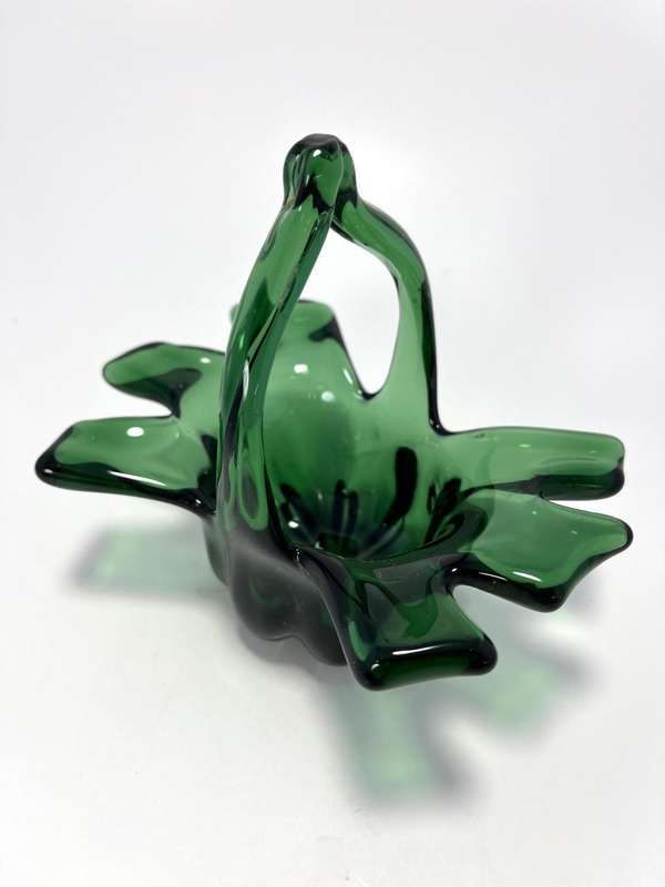 Vintage Green Glass Basket  Mid-Century Trinket Dish