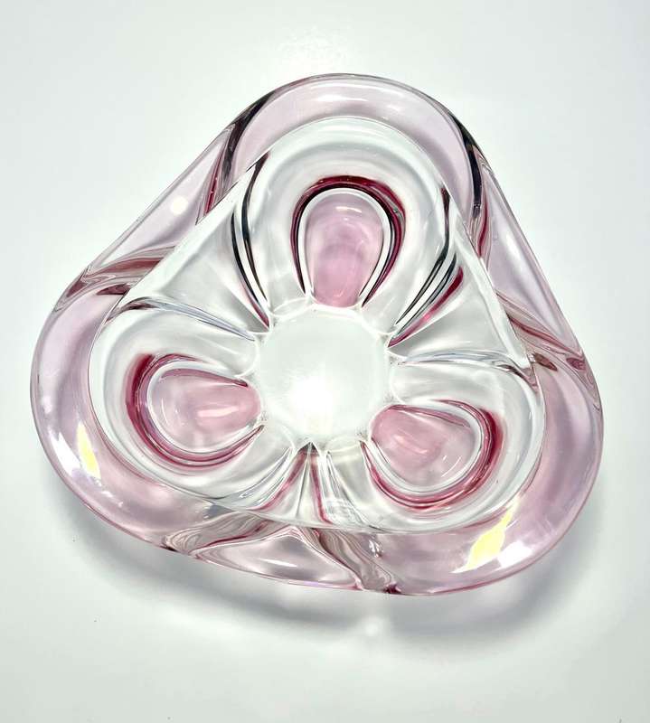 Vintage 1960s Walther Crystal Glass Bowl  Cloverleaf Floral Design, Pink & Clear