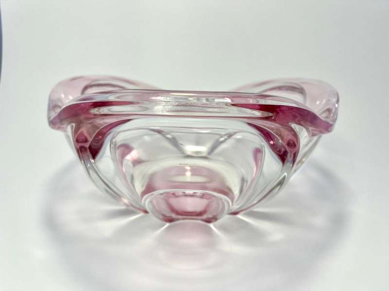 Vintage 1960s Walther Crystal Glass Bowl  Cloverleaf Floral Design, Pink & Clear