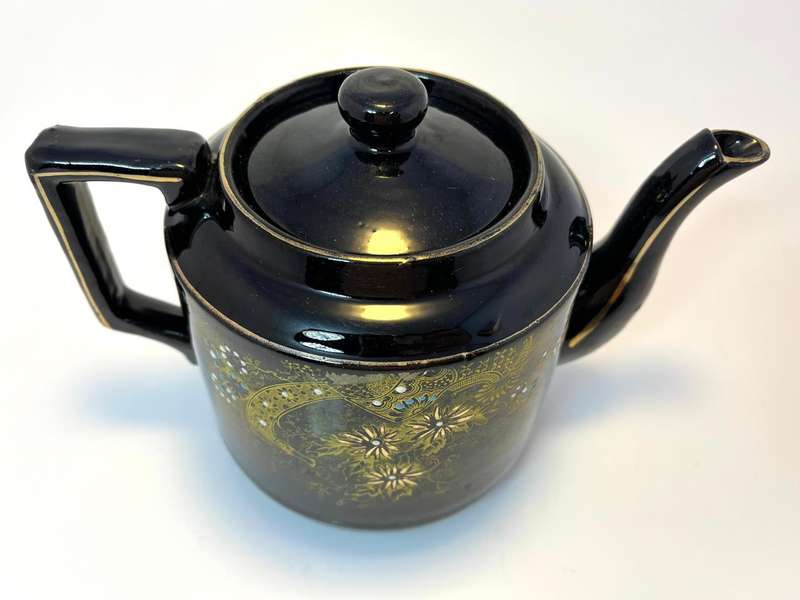 Vintage Teapot (Jackfield-Style)  Glossy Black with Painted Gold & White Floral Design