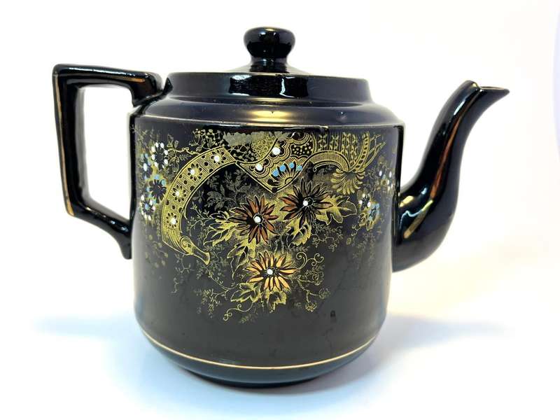 Vintage Teapot (Jackfield-Style)  Glossy Black with Painted Gold & White Floral Design