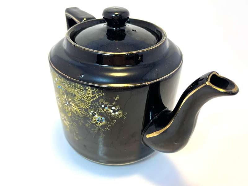 Vintage Teapot (Jackfield-Style)  Glossy Black with Painted Gold & White Floral Design