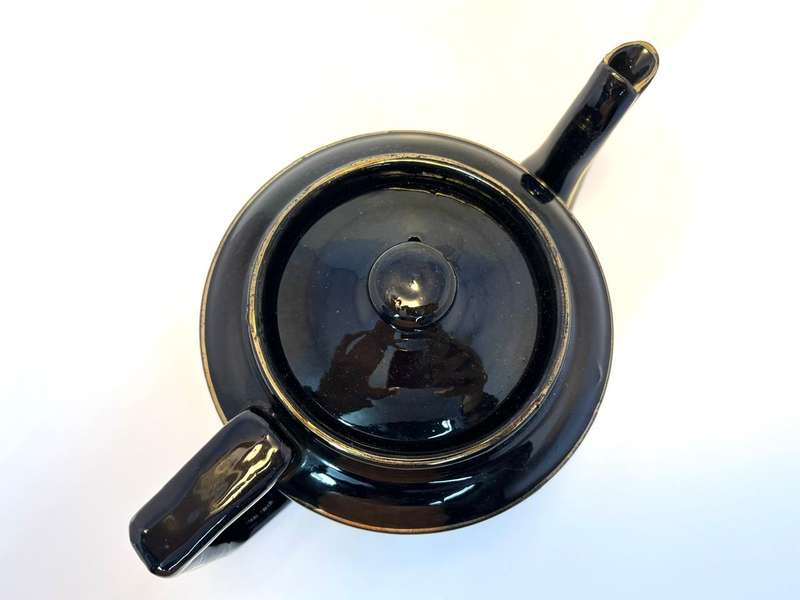 Vintage Teapot (Jackfield-Style)  Glossy Black with Painted Gold & White Floral Design