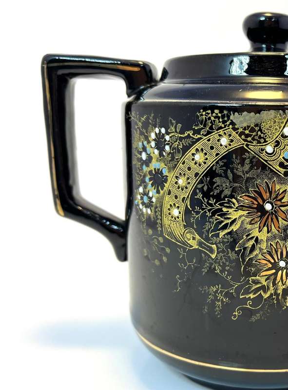 Vintage Teapot (Jackfield-Style)  Glossy Black with Painted Gold & White Floral Design