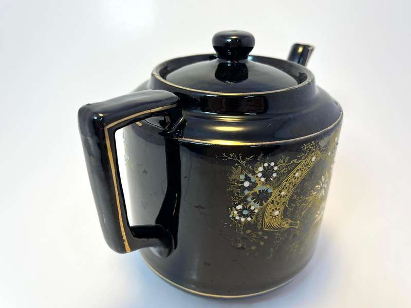 Vintage Teapot (Jackfield-Style)  Glossy Black with Painted Gold & White Floral Design