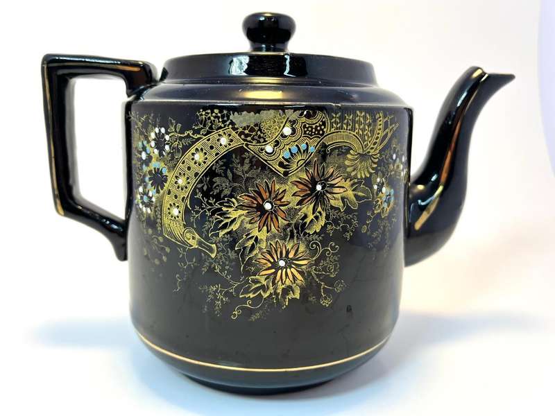 Vintage Teapot (Jackfield-Style)  Glossy Black with Painted Gold & White Floral Design