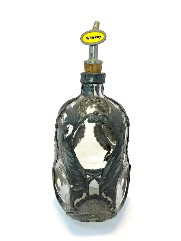 Vintage Dimple Glass Decanter with Pewter Vine Leaf Decoration  Original Bottle