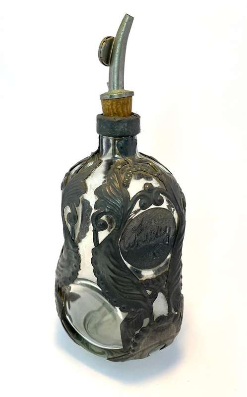 Vintage Dimple Glass Decanter with Pewter Vine Leaf Decoration  Original Bottle