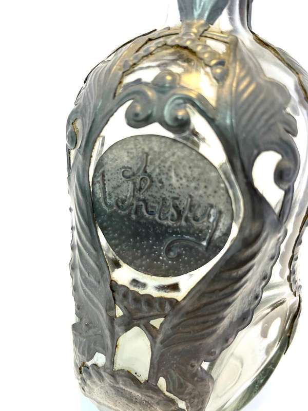 Vintage Dimple Glass Decanter with Pewter Vine Leaf Decoration  Original Bottle