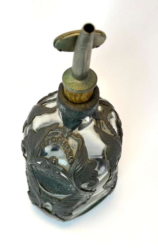 Vintage Dimple Glass Decanter with Pewter Vine Leaf Decoration  Original Bottle