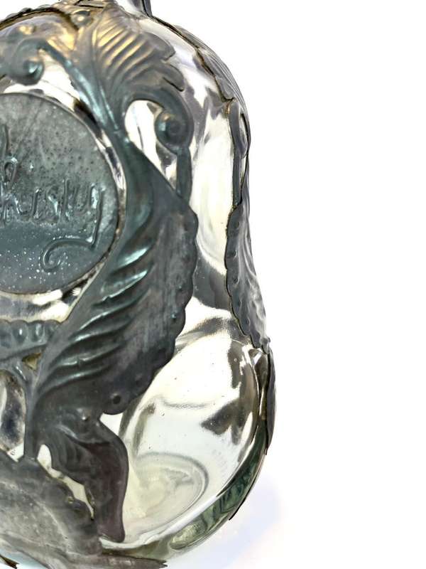 Vintage Dimple Glass Decanter with Pewter Vine Leaf Decoration  Original Bottle