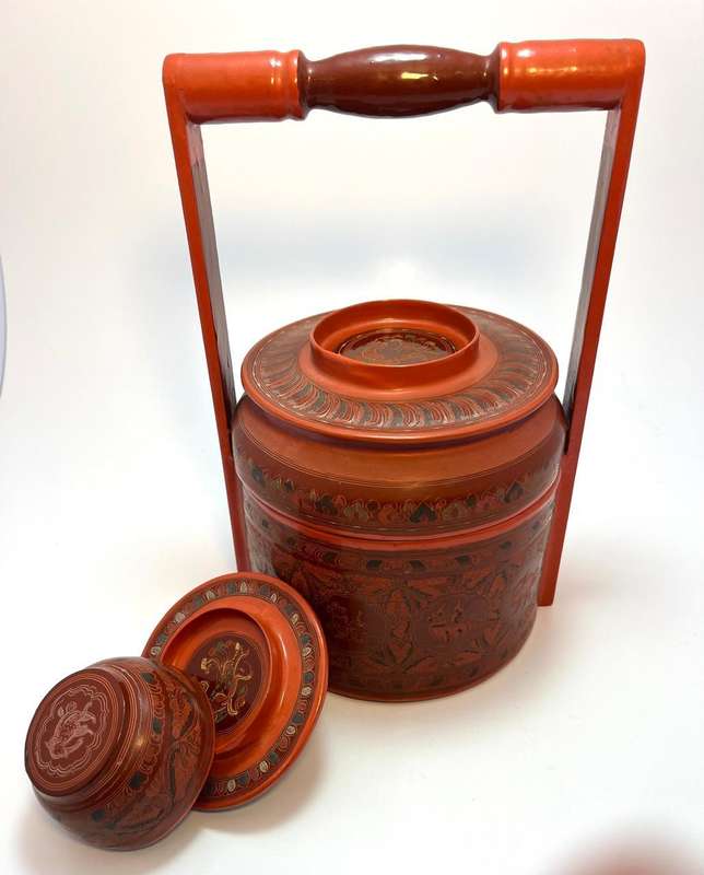 Burmese Lacquerware Tiffin Box  Red Tiered Picnic Box