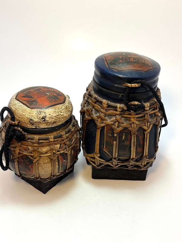 Set of 2 Asian Lacquered Bamboo & Wood Storage Boxes | Hand-Painted Thai Elephant Design | Home Deco