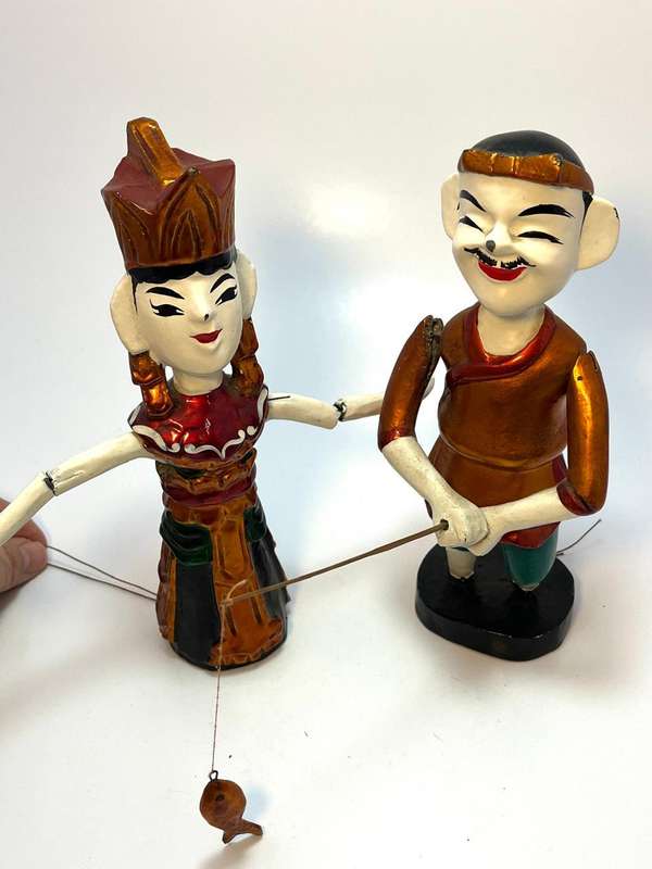 2 x Vintage Vietnamese moving String Puppets  Handcrafted Folk Art Marionette Set