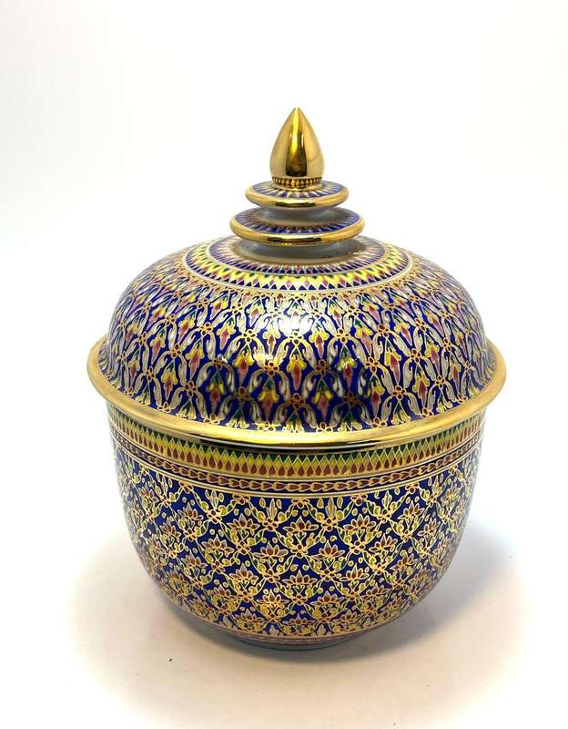 Thai Bencharong Porcelain Jar with Lid | Handpainted Raised Jewel & Gold Detailing | 23 (h) x 18 (w)