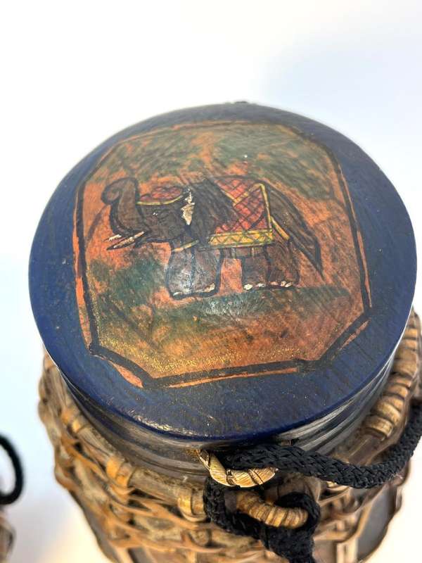 Set of 2 Asian Lacquered Bamboo & Wood Storage Boxes | Hand-Painted Thai Elephant Design | Home Deco