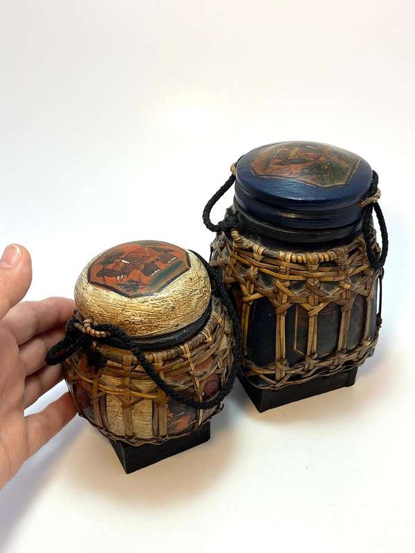 Set of 2 Asian Lacquered Bamboo & Wood Storage Boxes | Hand-Painted Thai Elephant Design | Home Deco
