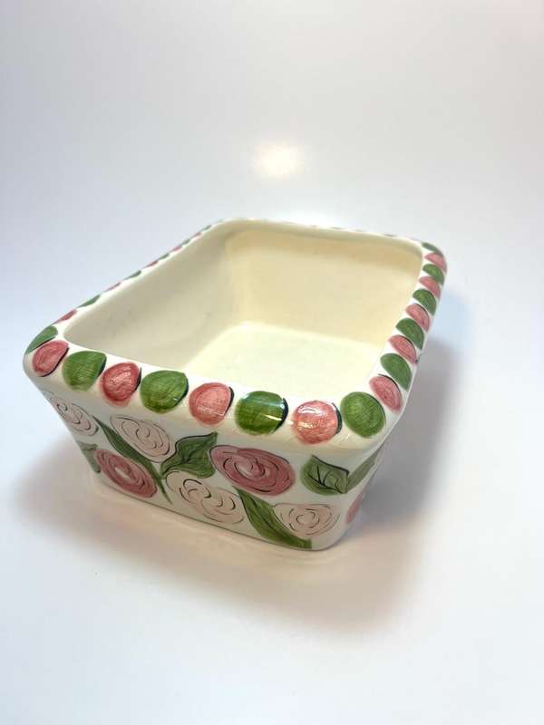 Custom Made Ceramic Bowl | Hand-Painted Roses & Leaves | Signed Averil 1998 | One of a Kind