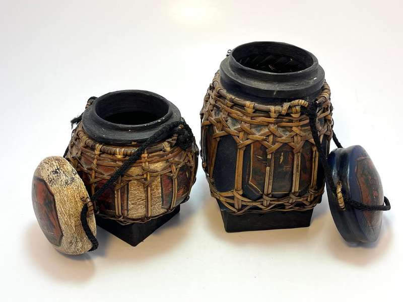 Set of 2 Asian Lacquered Bamboo & Wood Storage Boxes | Hand-Painted Thai Elephant Design | Home Deco