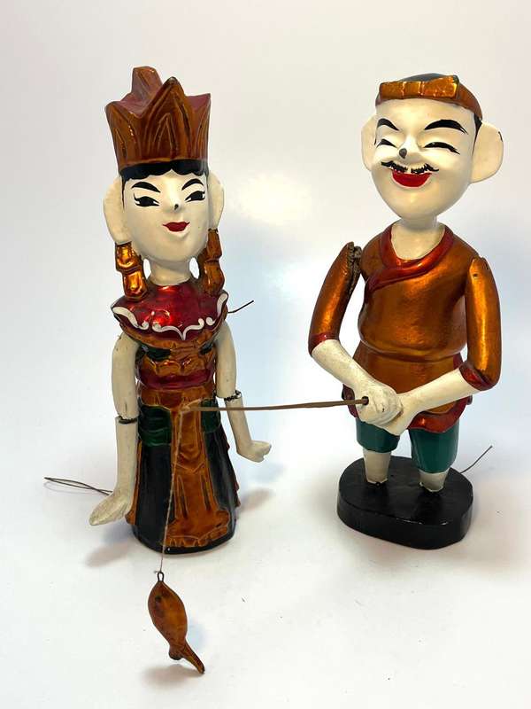 2 x Vintage Vietnamese moving String Puppets  Handcrafted Folk Art Marionette Set
