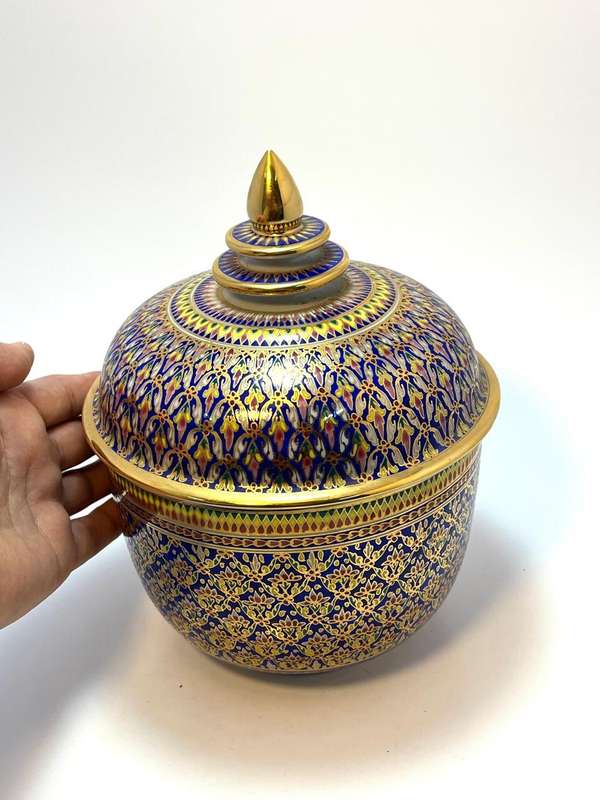 Thai Bencharong Porcelain Jar with Lid | Handpainted Raised Jewel & Gold Detailing | 23 (h) x 18 (w)