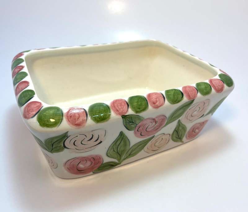 Custom Made Ceramic Bowl | Hand-Painted Roses & Leaves | Signed Averil 1998 | One of a Kind