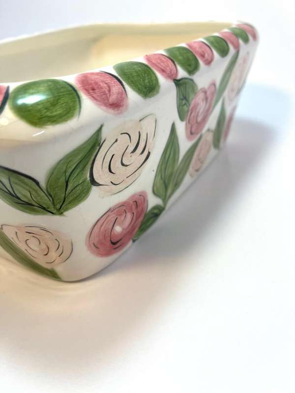 Custom Made Ceramic Bowl | Hand-Painted Roses & Leaves | Signed Averil 1998 | One of a Kind