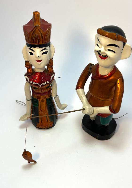 2 x Vintage Vietnamese moving String Puppets  Handcrafted Folk Art Marionette Set