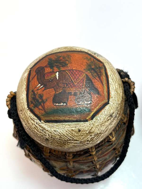 Set of 2 Asian Lacquered Bamboo & Wood Storage Boxes | Hand-Painted Thai Elephant Design | Home Deco