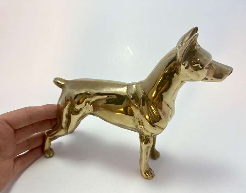 Vintage Polished Brass Doberman Pinscher Dog Figurine  1970s Boho Chic Decor