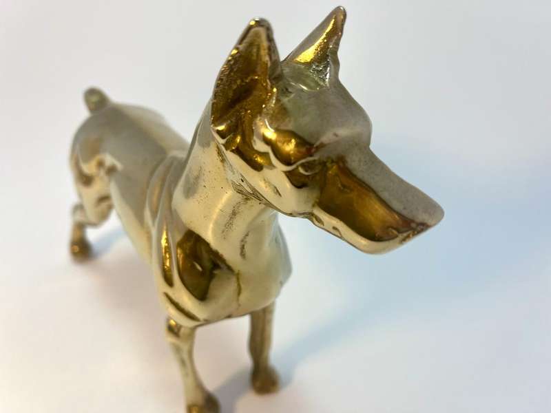 Vintage Polished Brass Doberman Pinscher Dog Figurine  1970s Boho Chic Decor
