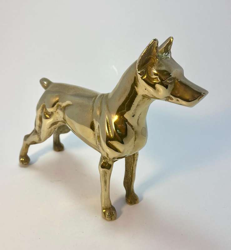 Vintage Polished Brass Doberman Pinscher Dog Figurine  1970s Boho Chic Decor