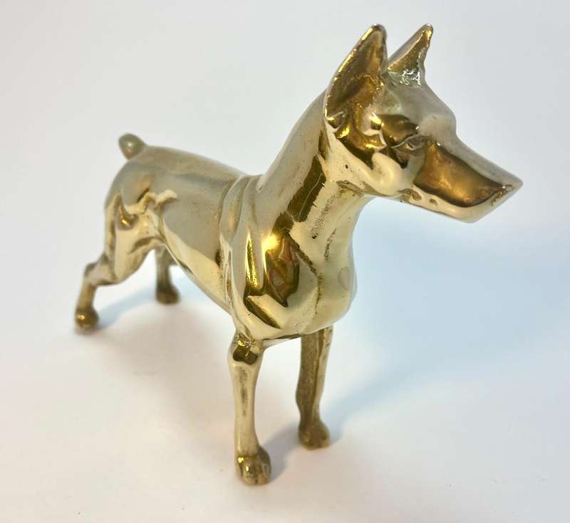 Vintage Polished Brass Doberman Pinscher Dog Figurine  1970s Boho Chic Decor