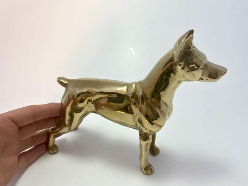 Vintage Polished Brass Doberman Pinscher Dog Figurine  1970s Boho Chic Decor