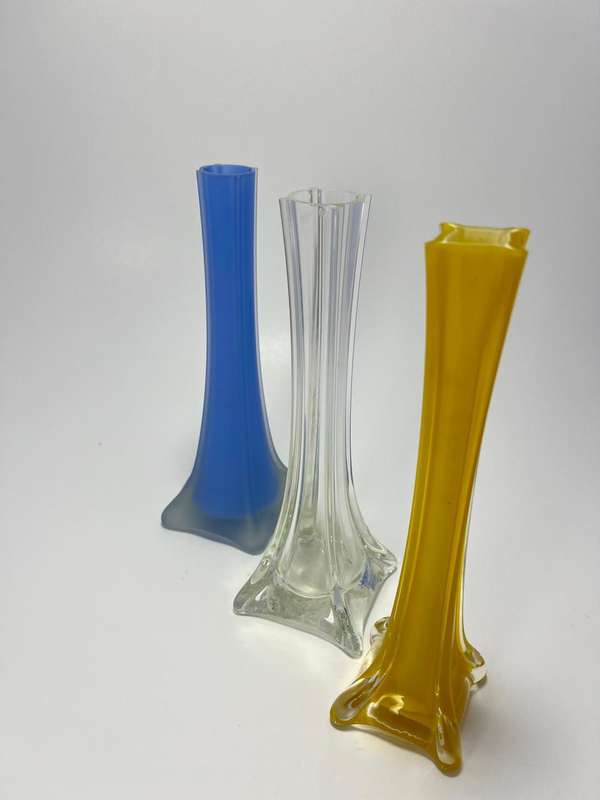  Vintage Slim Vases  1960s Retro Style Periwinkle clear, Yellow Dot, and Satin Blue Designs