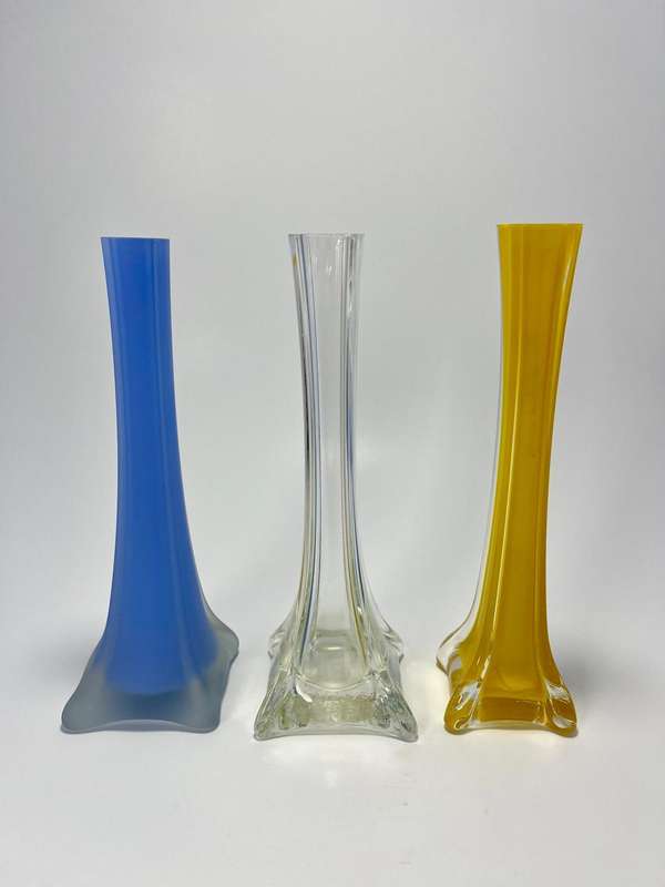  Vintage Slim Vases  1960s Retro Style Periwinkle clear, Yellow Dot, and Satin Blue Designs