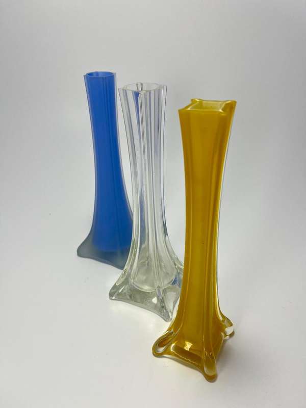 Vintage Slim Vases  1960s Retro Style Periwinkle clear, Yellow Dot, and Satin Blue Designs