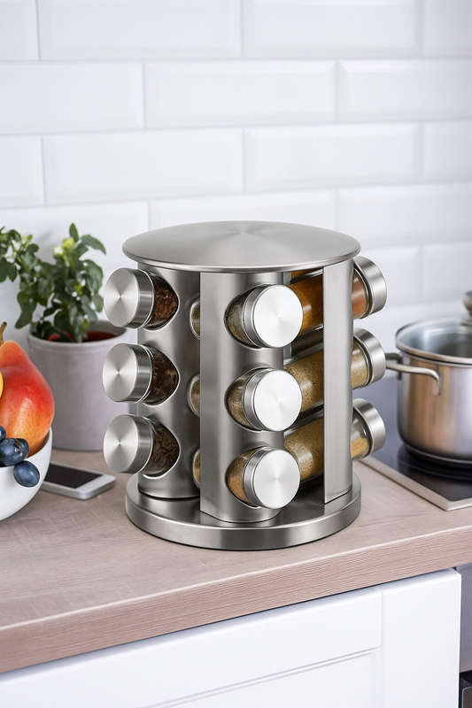 Frosted - 12 Jar Rotating Stainless Steel Spice Rack