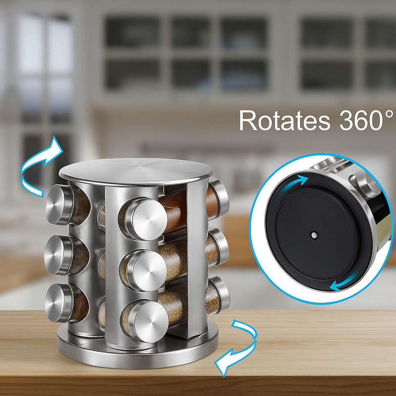 Frosted - 12 Jar Rotating Stainless Steel Spice Rack