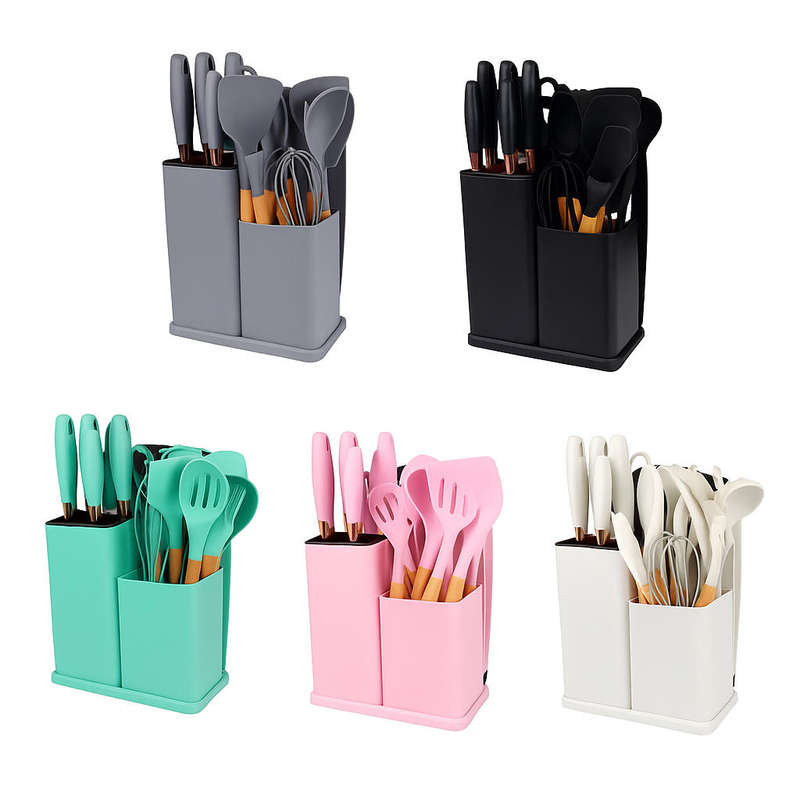 19 Piece Silicone Kitchen Set with Knives, Cutting Board and Storage Rack