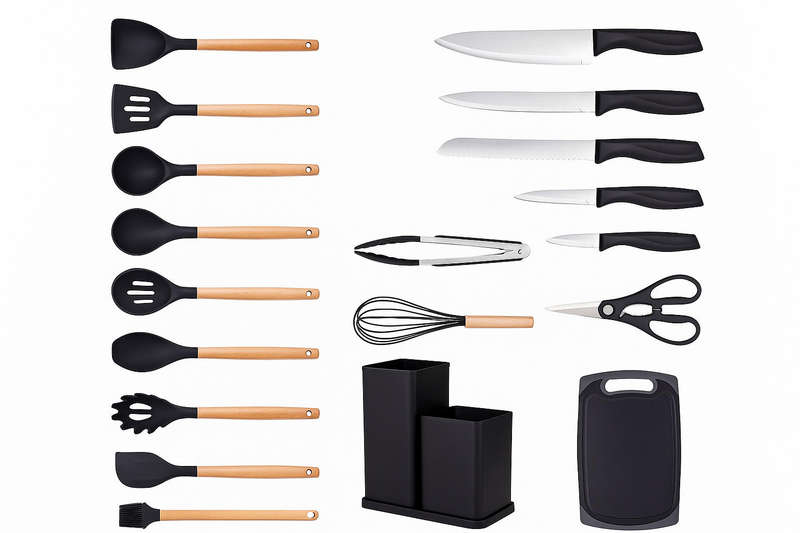 19 Piece Silicone Kitchen Set with Knives, Cutting Board and Storage Rack
