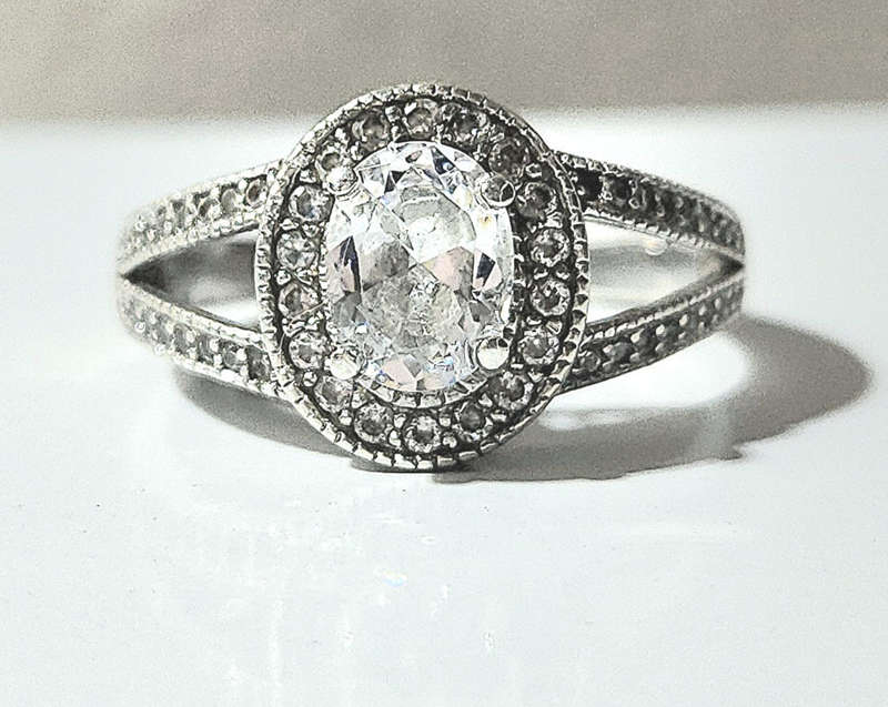 Engagement/Wedding ring, Sterling Silver, Cubic Zirconia Oval 1.5ct with Halo Stones, Size 8.5 - 9
