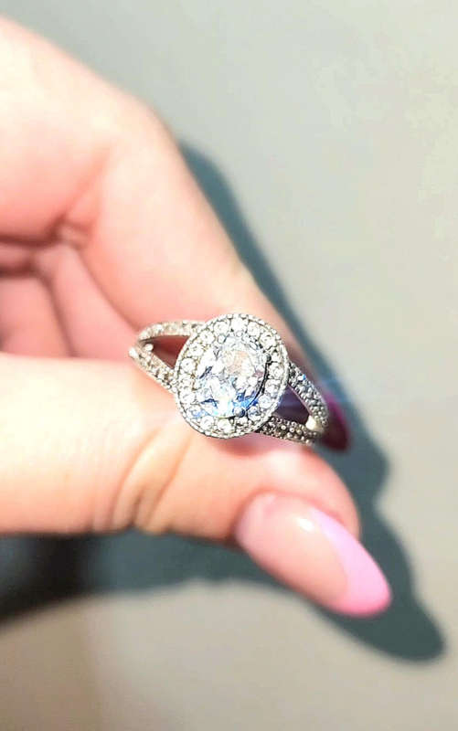 Engagement/Wedding ring, Sterling Silver, Cubic Zirconia Oval 1.5ct with Halo Stones, Size 8.5 - 9